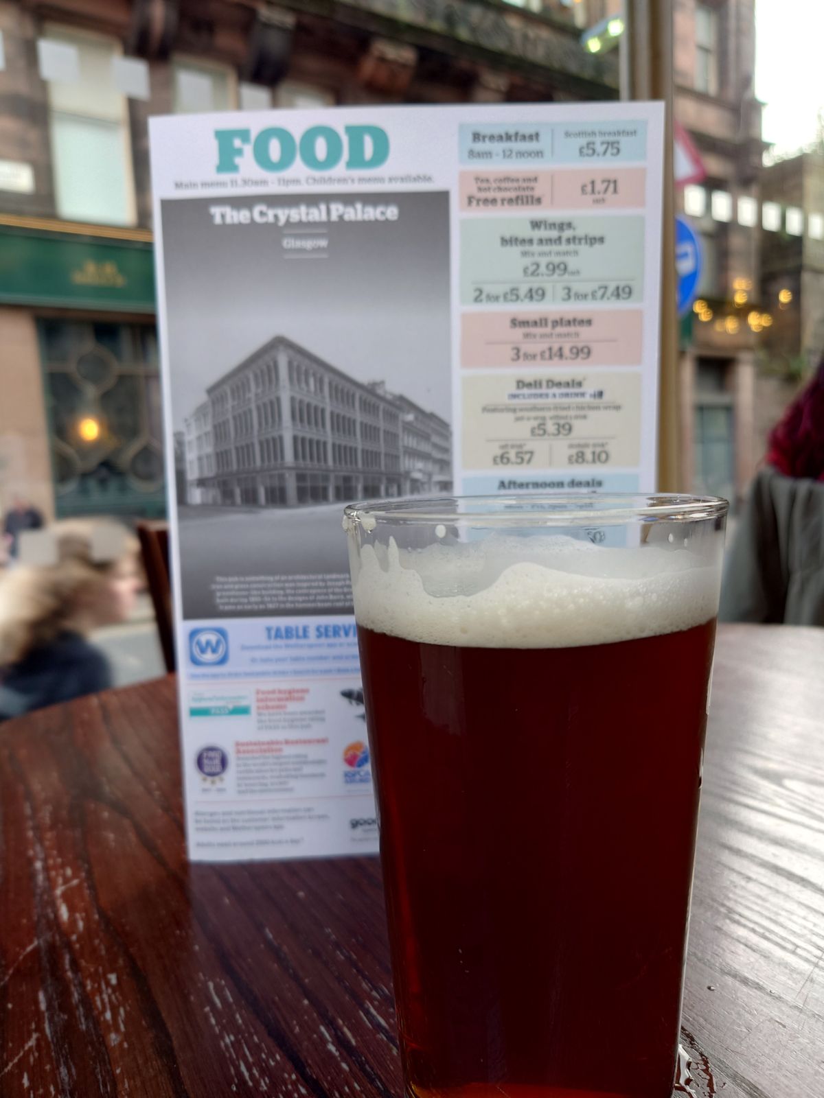 Pint and food menu at The Crystal Palace